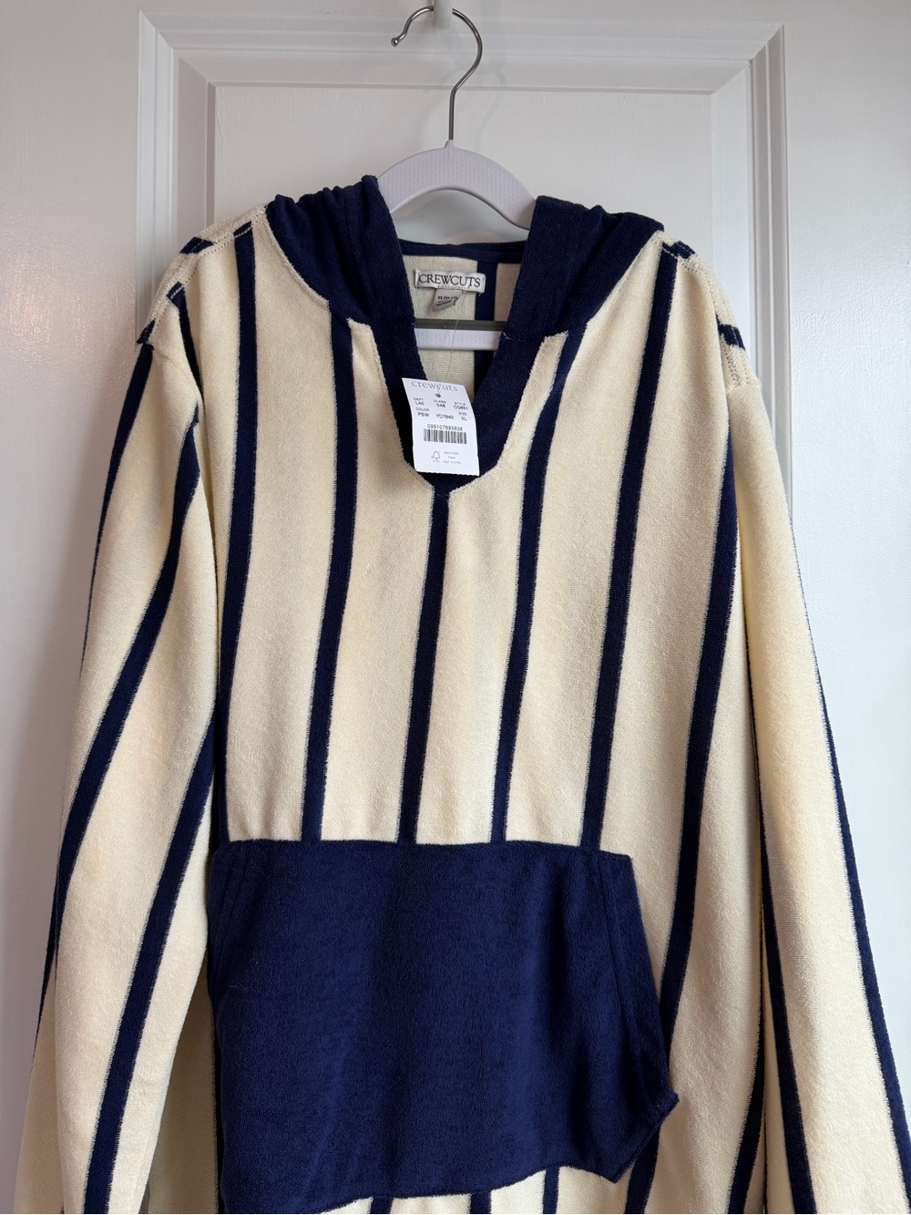 J. Crew Crewcuts Kids Hooded Pullover Towel Terry Cream Blue Stripes NWT Size XL - Picture 2 of 7